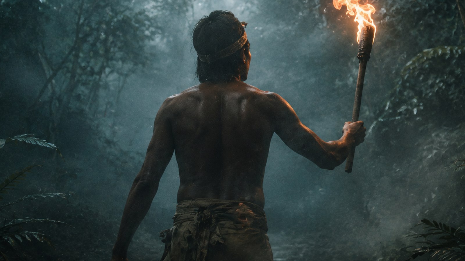 Guardián con antorcha en la selva